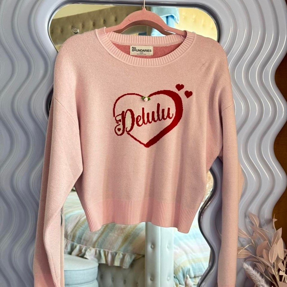 No Boundaries Delulu Knit Sweater Pink Red Heart Rosette Coquette Kawaii Small